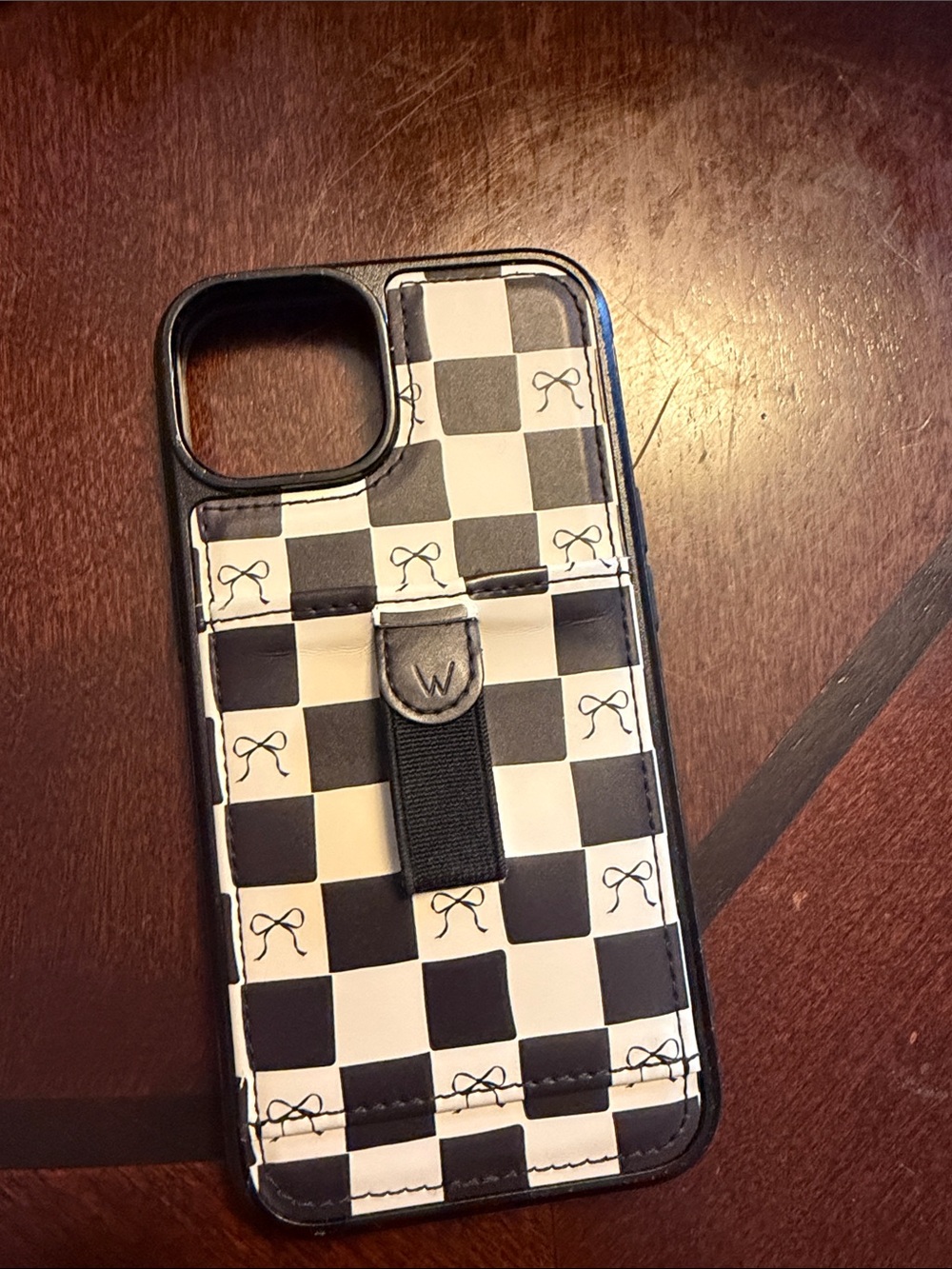 Checkered Black & White Phone Case with Elastic Finger Strap